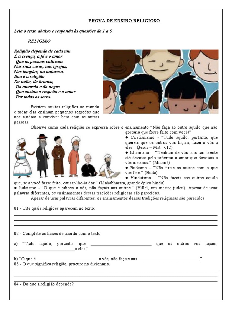 Prova de Ensino Religioso 6º Ano | PDF | Deus | Fé