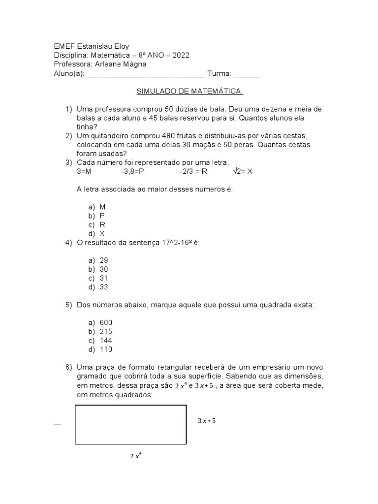 8º Ano - Quiz De MatemÁtica Da Profª Schayla S2 - ProProfs Quiz