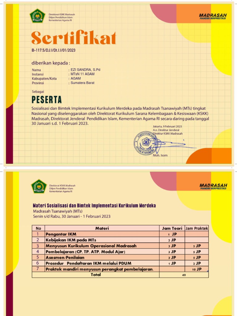 Sertifikat Bimtek Ikm MTS - Ezi Sandra | PDF
