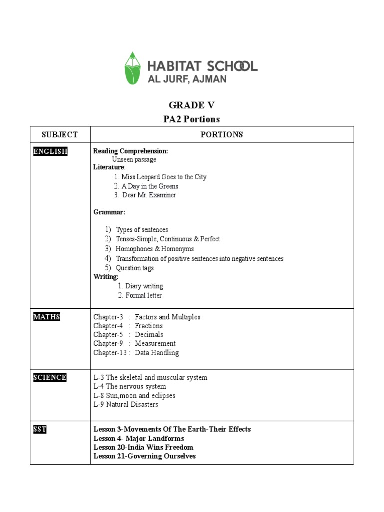 Grade 5 PA2 PORTIONS | PDF