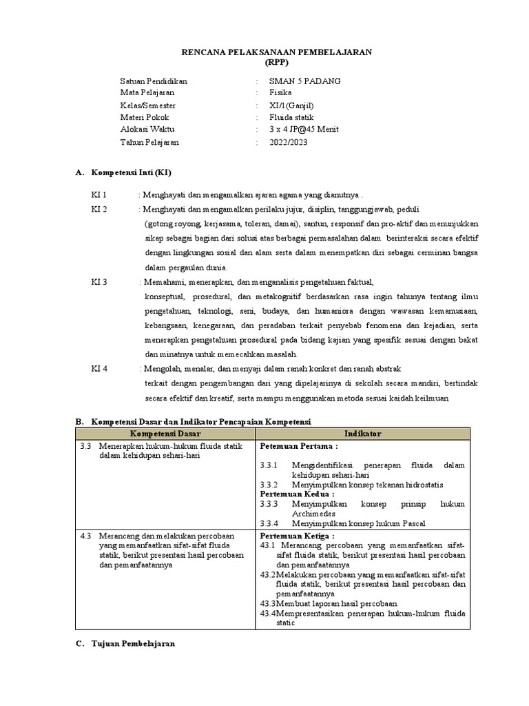 RPP Fisika: Fluida Statik Kelas XI | PDF | Seni | Sains & Matematika