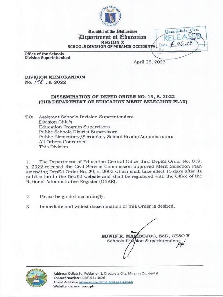 Deped mis occ dm 198 s 2022 dissemination of deped order no 18 s