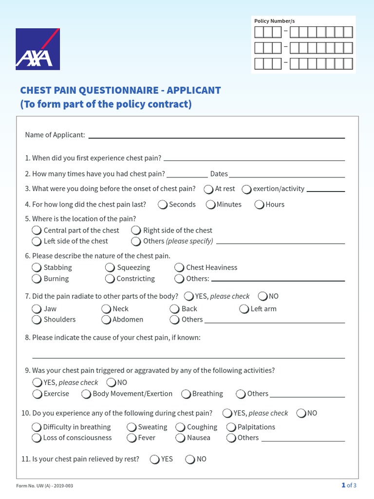 Chest Pain Questionnaire Applicant 2020 PDF Thorax Clinical