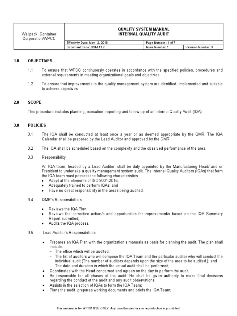 WPCC Internal Quality Audit Manual | PDF | Audit | Iso 9000