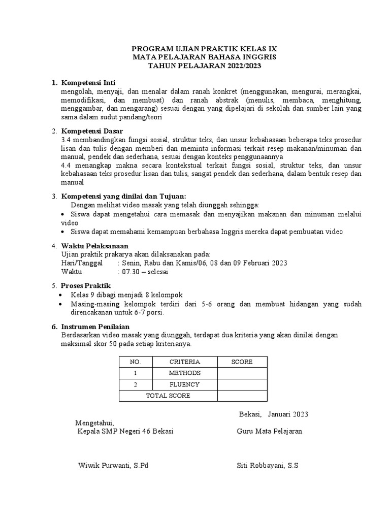 Program Ujian Praktik Kelas Ix Prakarya | PDF | Karier & Perkembangan