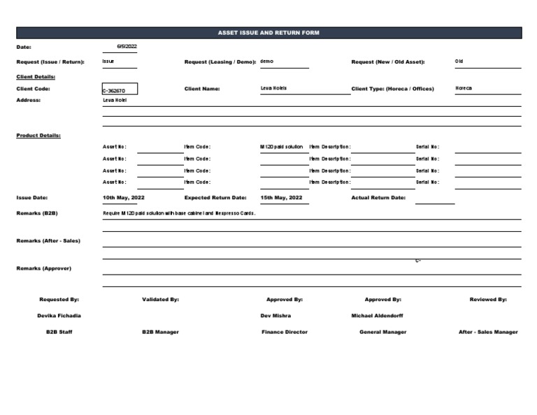Asset Issue and Return Form for Leva Hotels | PDF