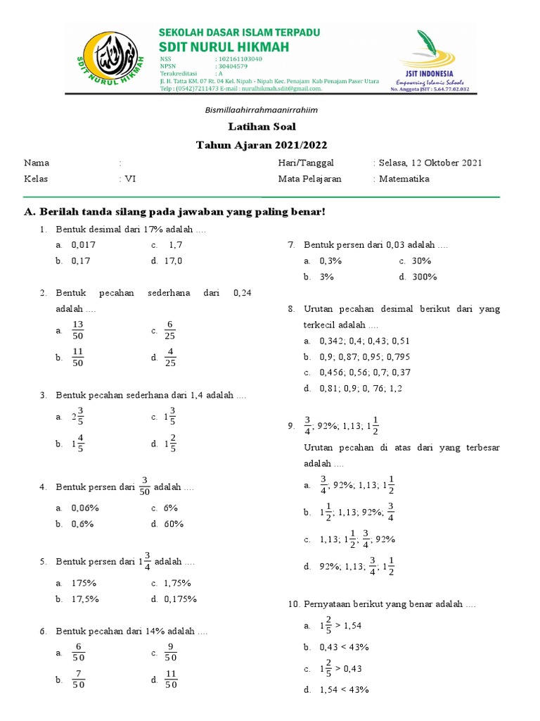 Soal Latihan Pecahan dan Desimal Kelas 6 | PDF