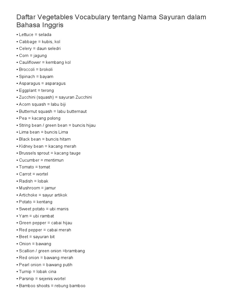 Daftar Vegetables Vocabulary Tentang Nama Sayuran Dalam Bahasa Inggris