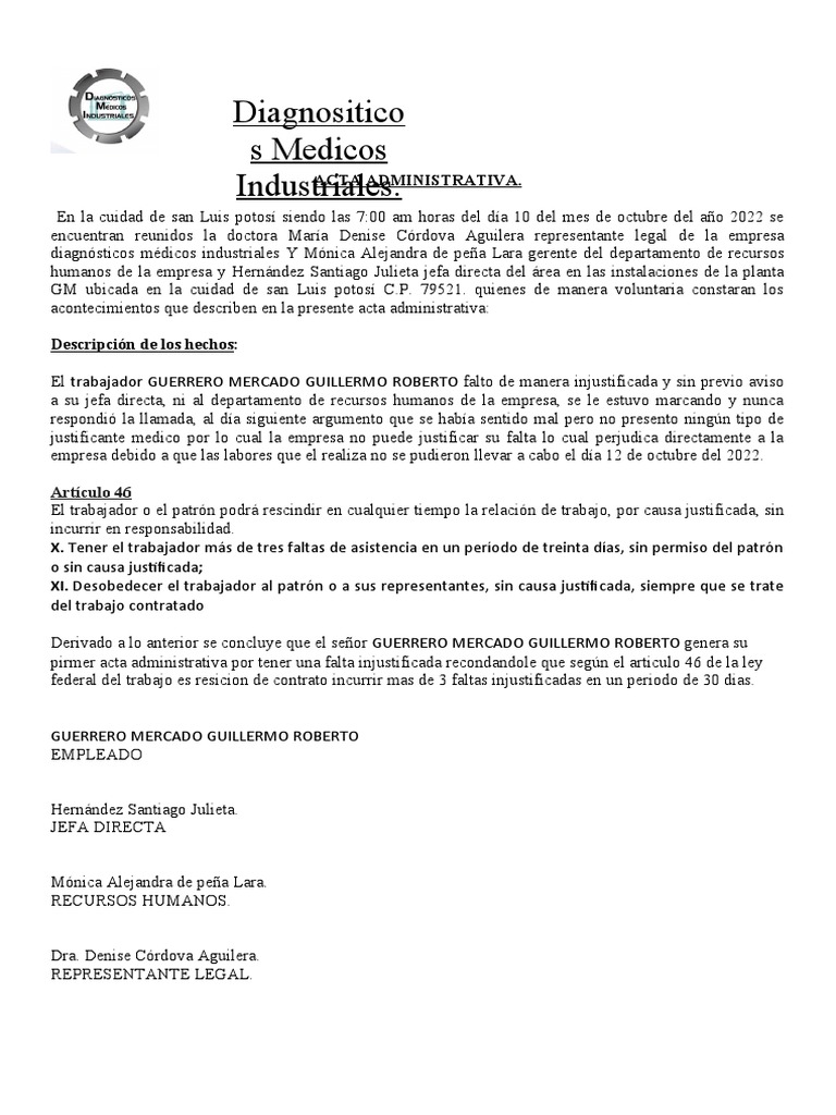 Acta Administrativa De Faltas Injustificadas Pdf Gestión De