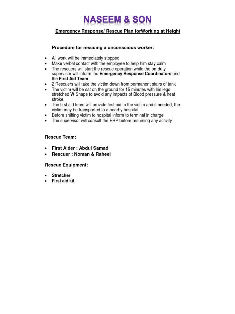 Emergency Response/ Rescue Plan Forworking at Height: First Aider ...