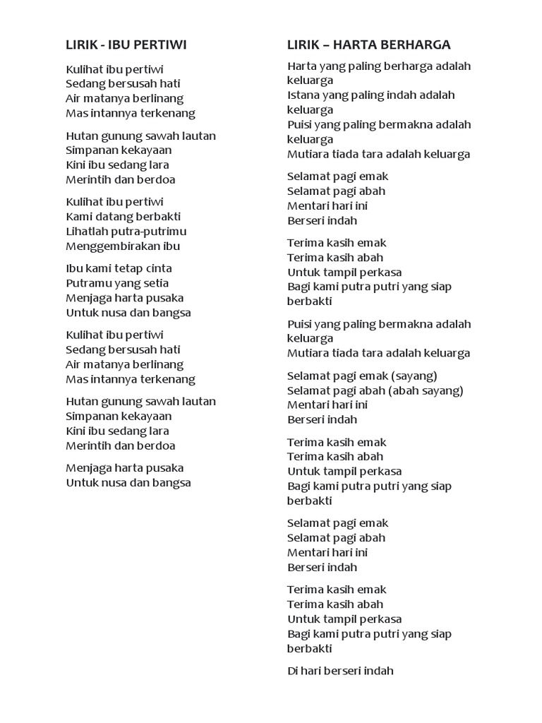 Lirik Lagu Ibu Pertiwi dan Harta Berharga | PDF