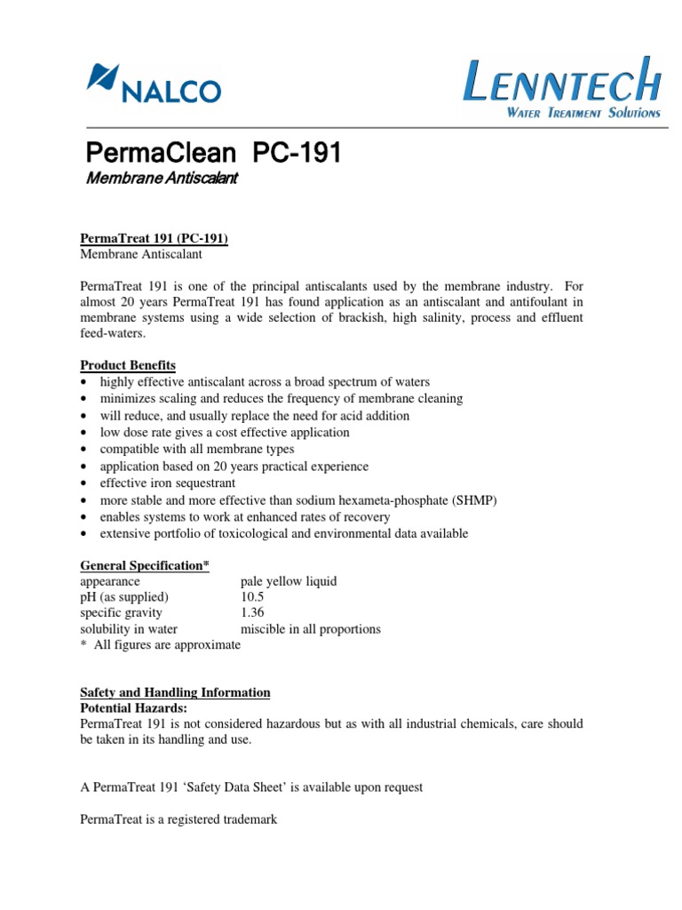 Ecolab Permatreat PC 191 L | PDF | Magnesium | Iron