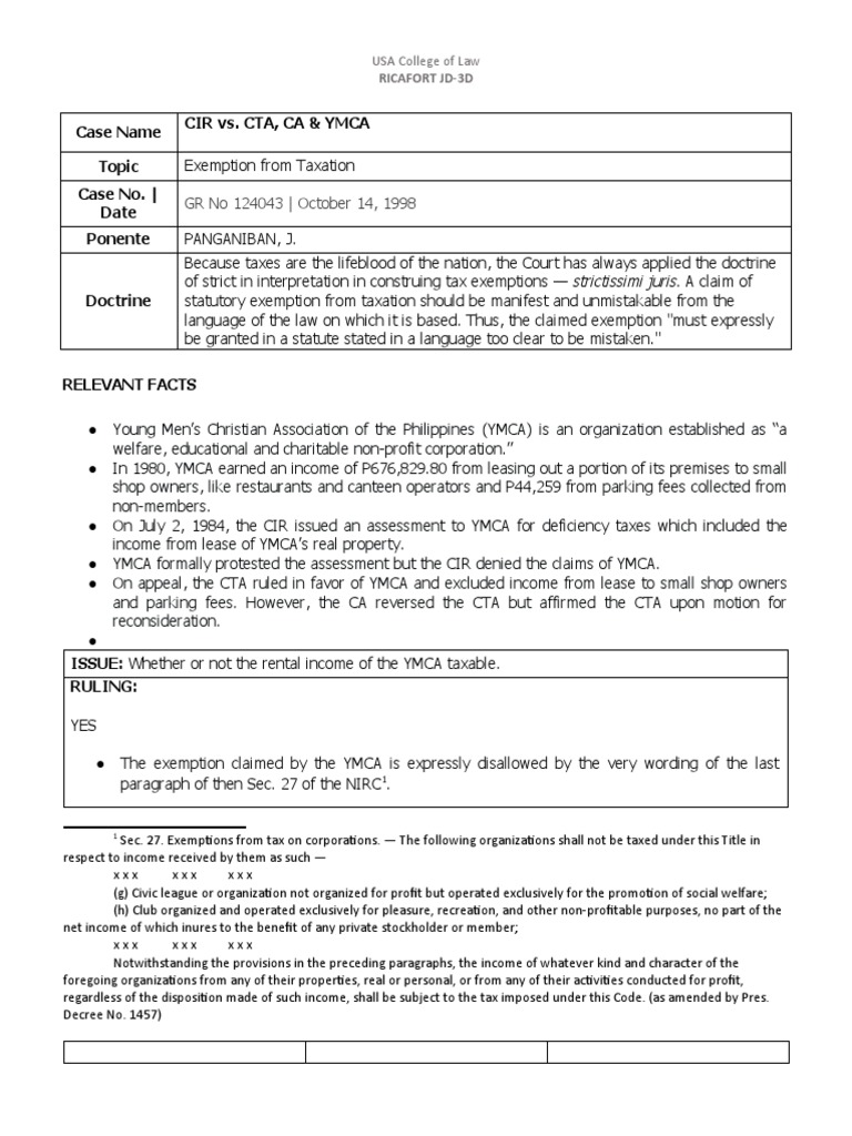 Cir vs. Cta, CA & Ymca PDF Taxes Tax Exemption