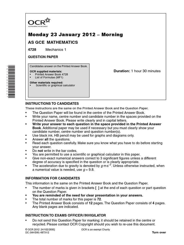 Question Paper Unit 4728 Mechanics 1 | PDF | Acceleration | Force