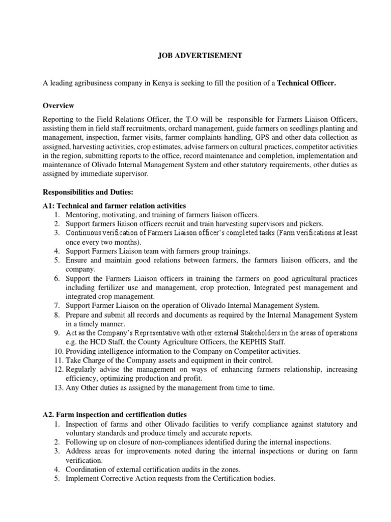 Technical Officer Job Opening in Agriculture | PDF | Farmer ...
