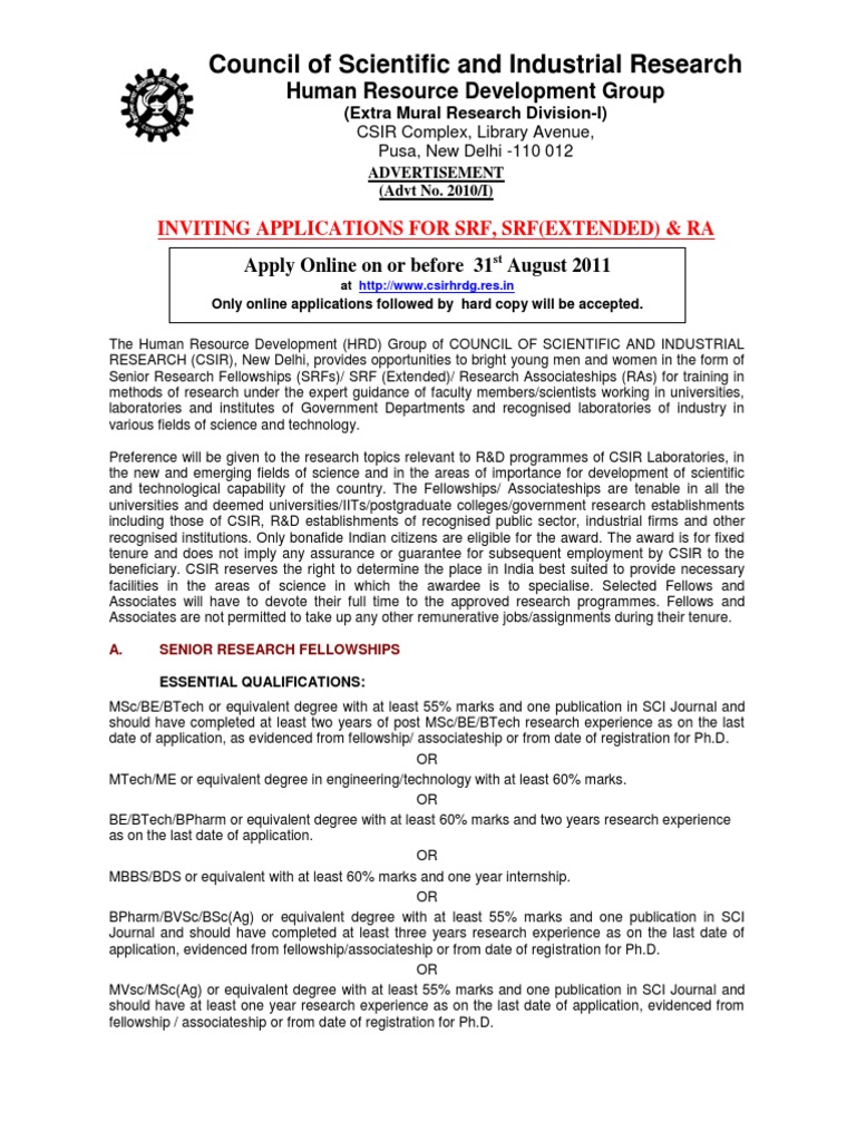 CSIR SRF & RA Fellowship Applications | PDF