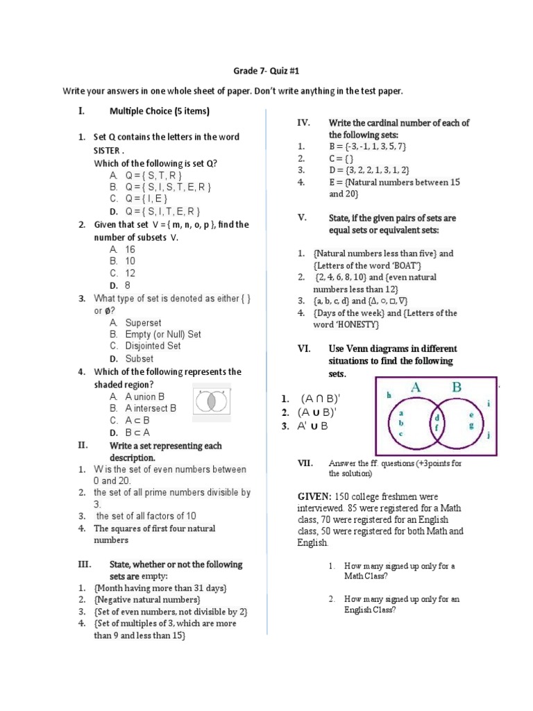 Grade 7 Quiz 1 Sets, Operations on Sets, Cardinal Numbers, Venn Diagrams, and Intersection and