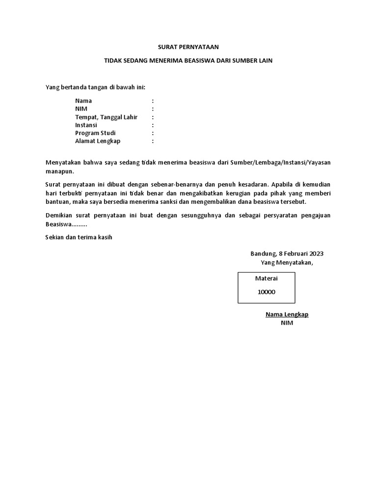 (Template) Surat Pernyataan Tidak Menerima Beasiswa | PDF
