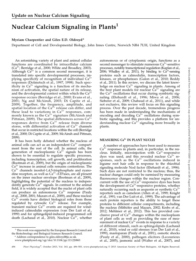 Nuclear Calcium Signaling in Plants | PDF | Calcium In Biology | Cell ...