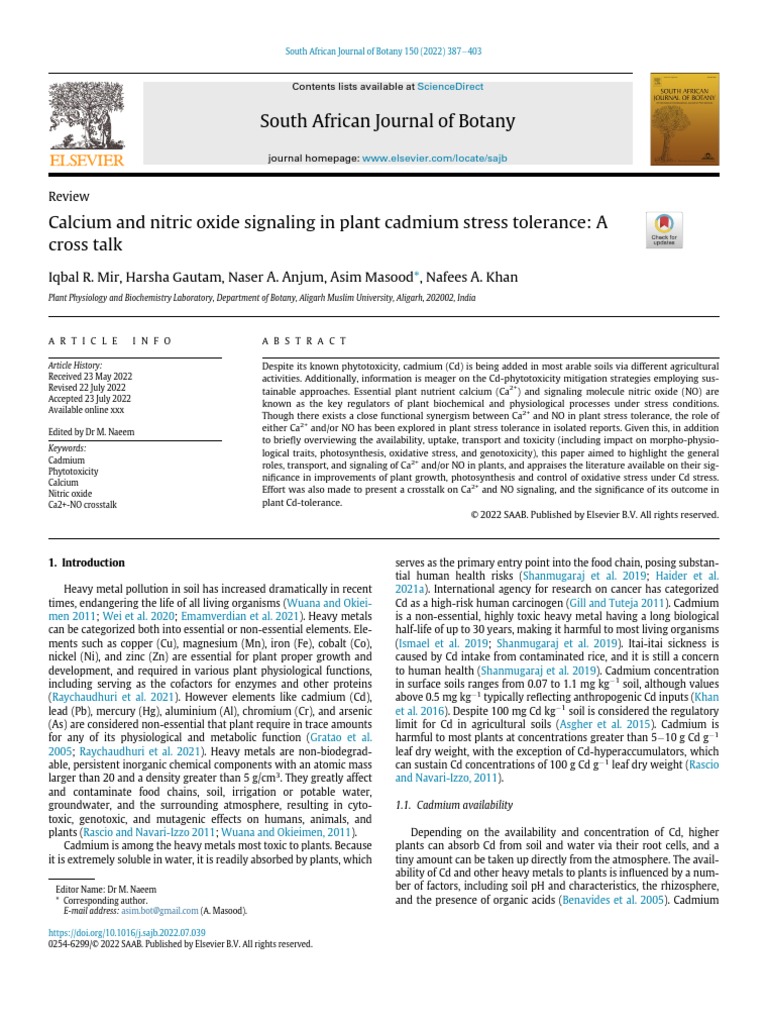 Calcium and Nitric Oxide Signaling in Plant Cadmium Stress Tolerance