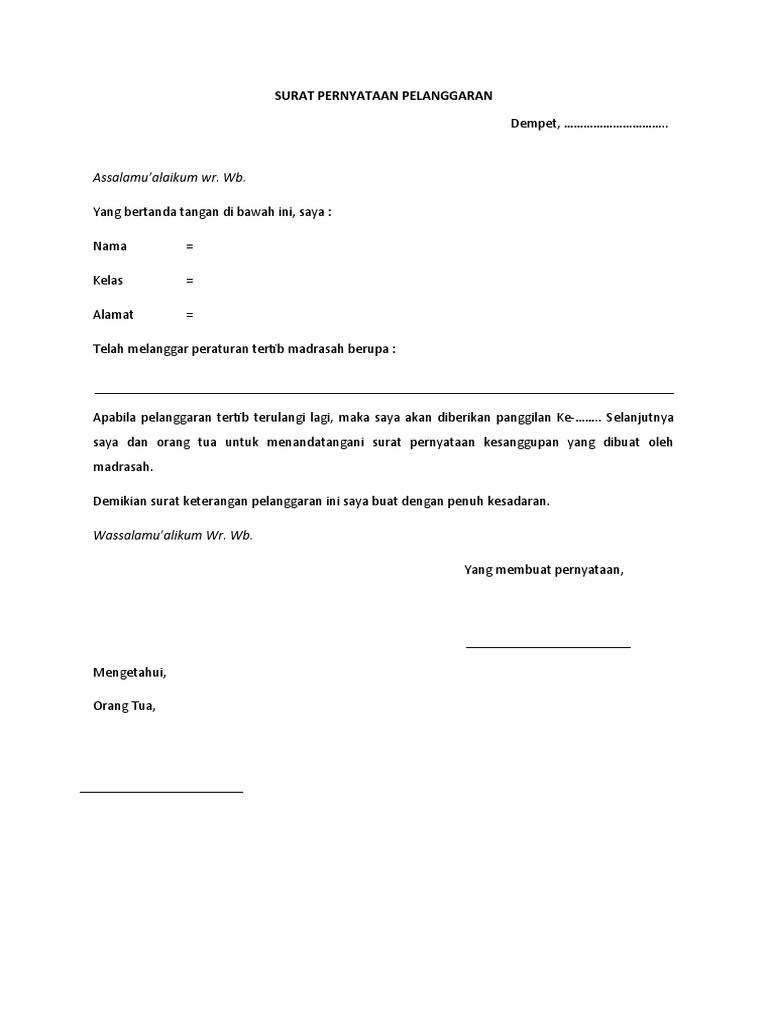 Surat Pernyataan Pelanggaran Madrasah | PDF | Hukum