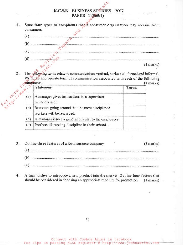 KCSE 2007 Business Studies PAPER 1 PDF