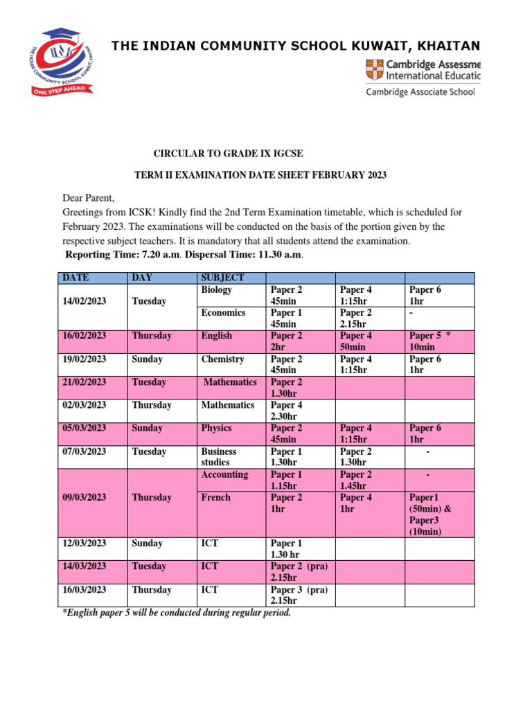 IGCSE Grade IX Term II Exam Schedule | PDF | Educational Stages