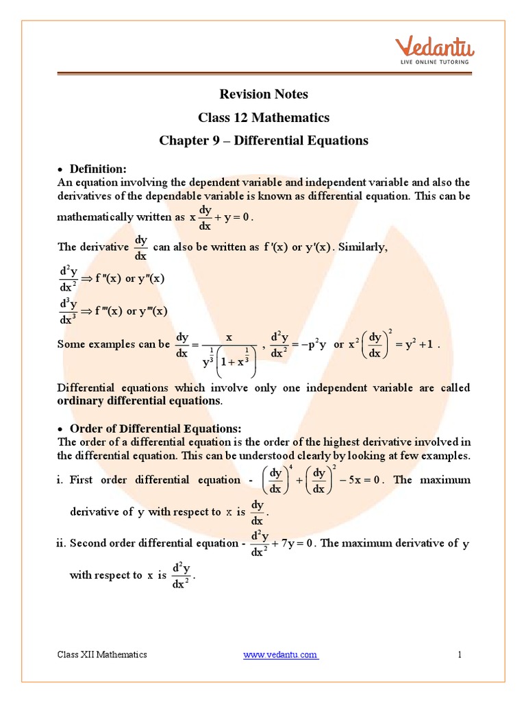 Class 12 revision notes differential equations pdf equations