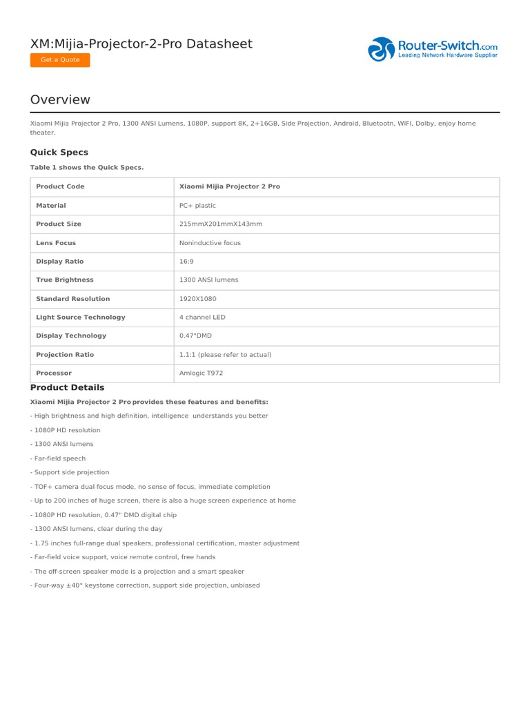 XM - Mijia Projector 2 Pro Datasheet | PDF | Computer Monitor | Video