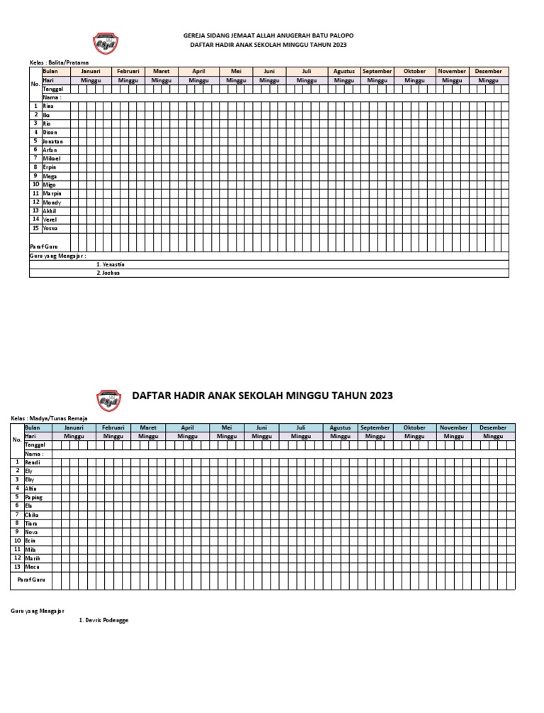 Daftar Hadir Sekolah Minggu 2023 | PDF
