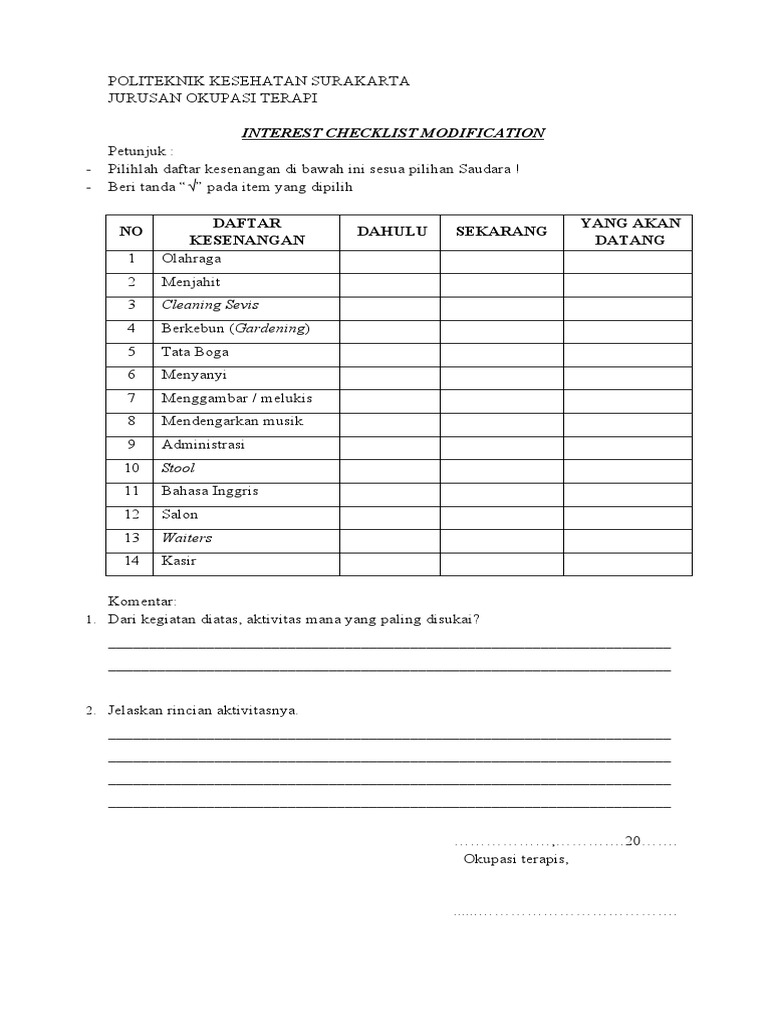 Interest Checklist Modification | PDF