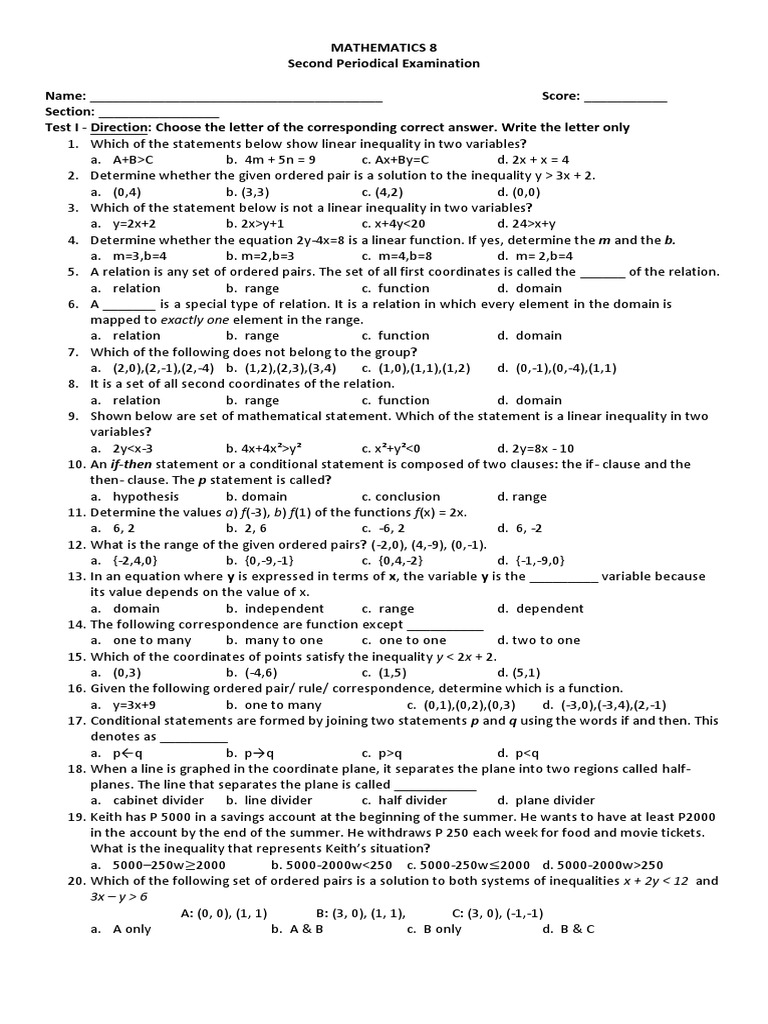 Math 8 2nd Exam FINAL | PDF | Function (Mathematics) | Mathematics