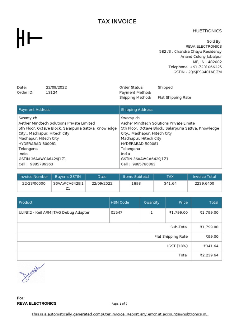 Hubtronics Invoice for Aether Mindtech | PDF | Payments | Economies