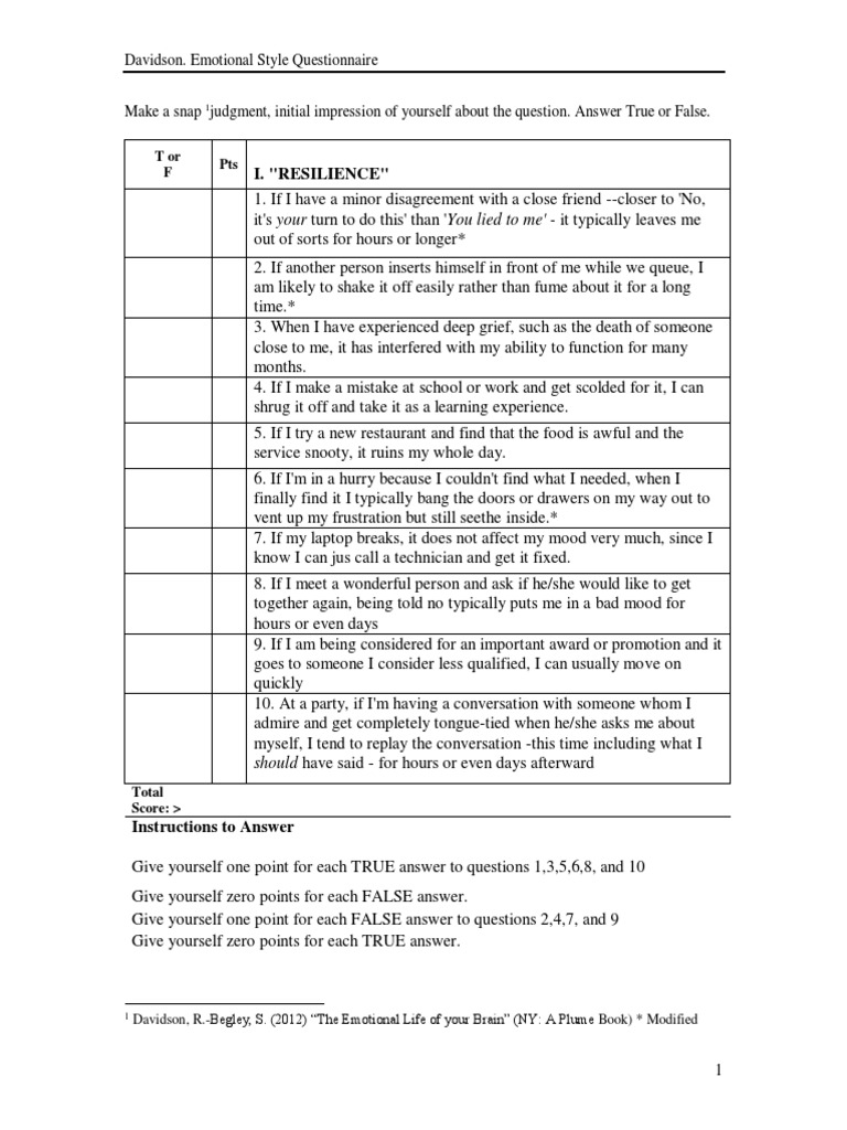 Emotional Style Questionnaire Insights | PDF