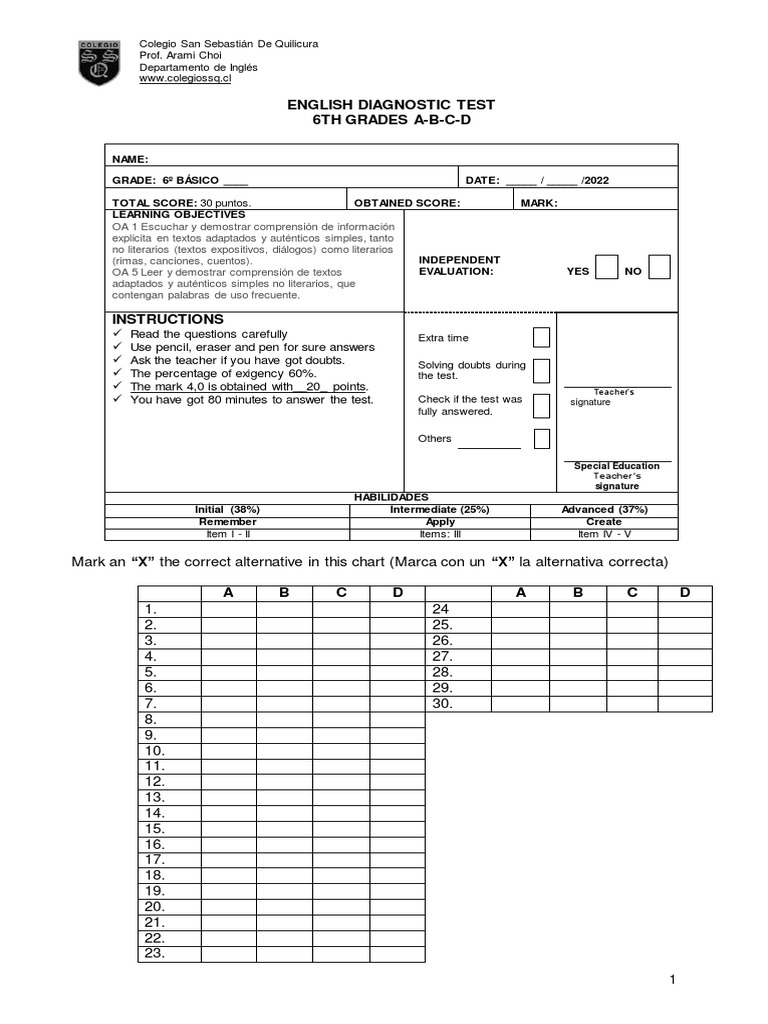 6th Grade English Diagnostic Test | PDF | Pinniped
