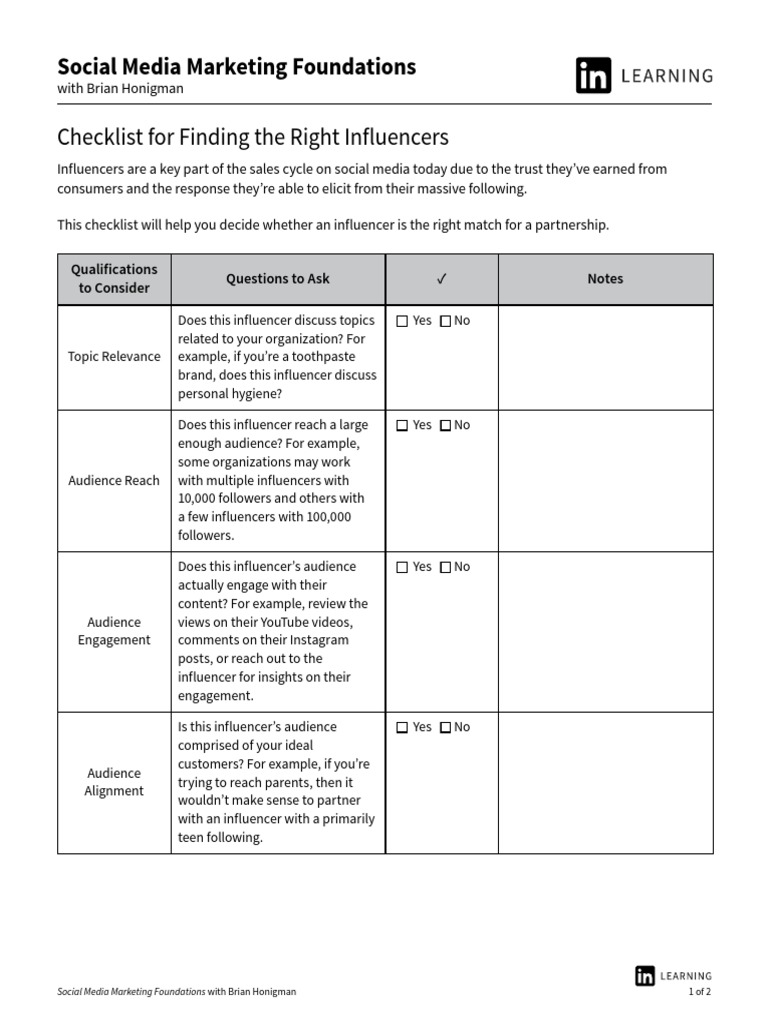 Influencer Partnership Evaluation Checklist | PDF | Social Media ...