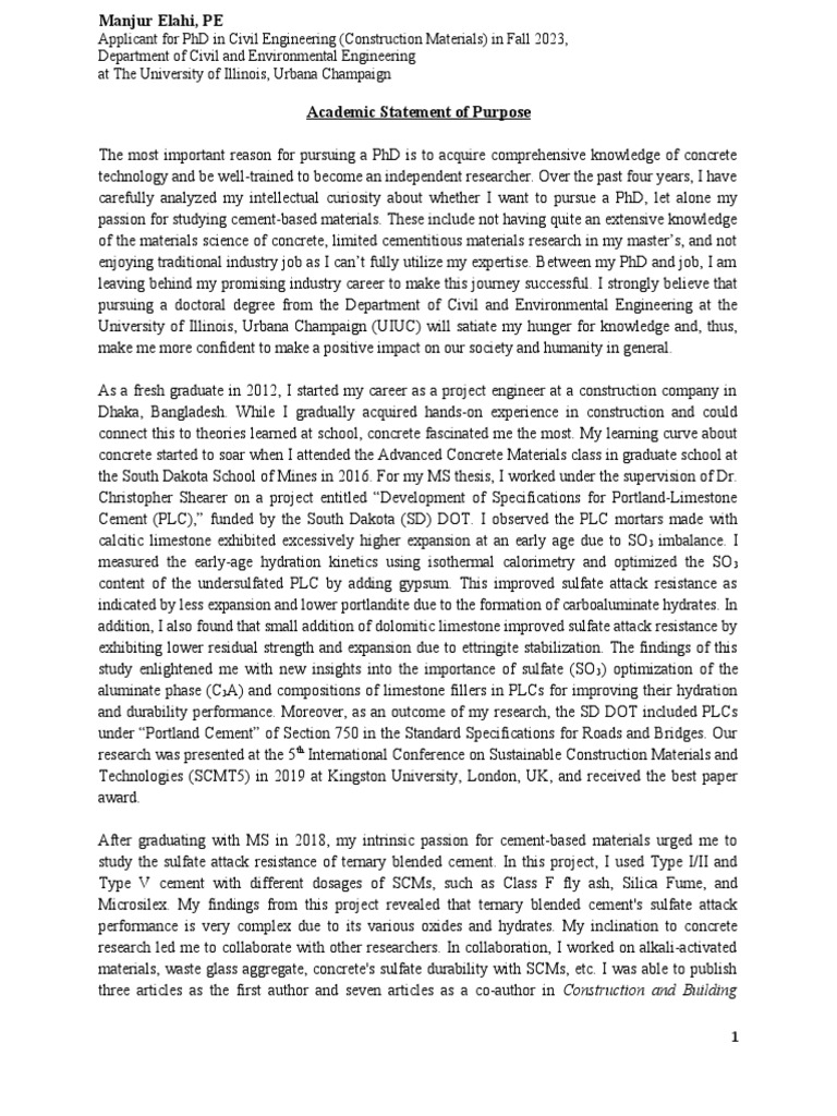 Academic Statement of Purpose - Manjur Elahi - UIUC | PDF | Cement ...