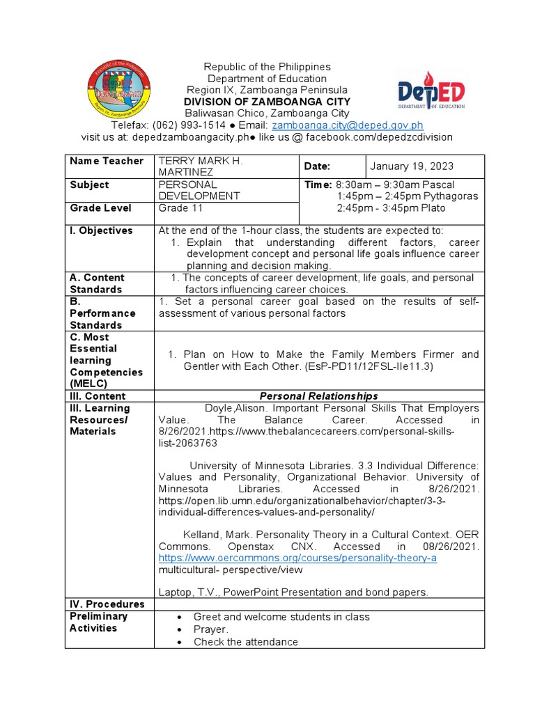 Grade 11 Personal Development Lesson Plan | PDF | Learning | Teachers