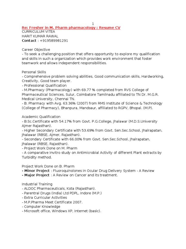 Sample M.pharm Fresher Resumes Pharmacology Pharmacy