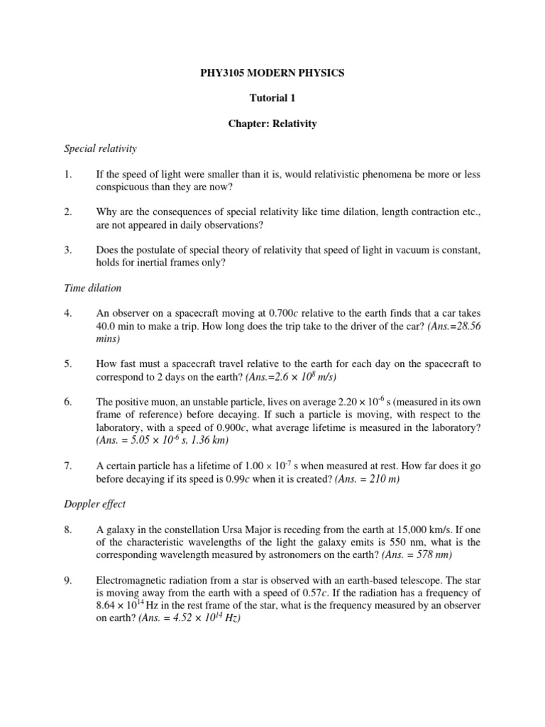 Problem Set 1 Pdf Special Relativity Speed Of Light