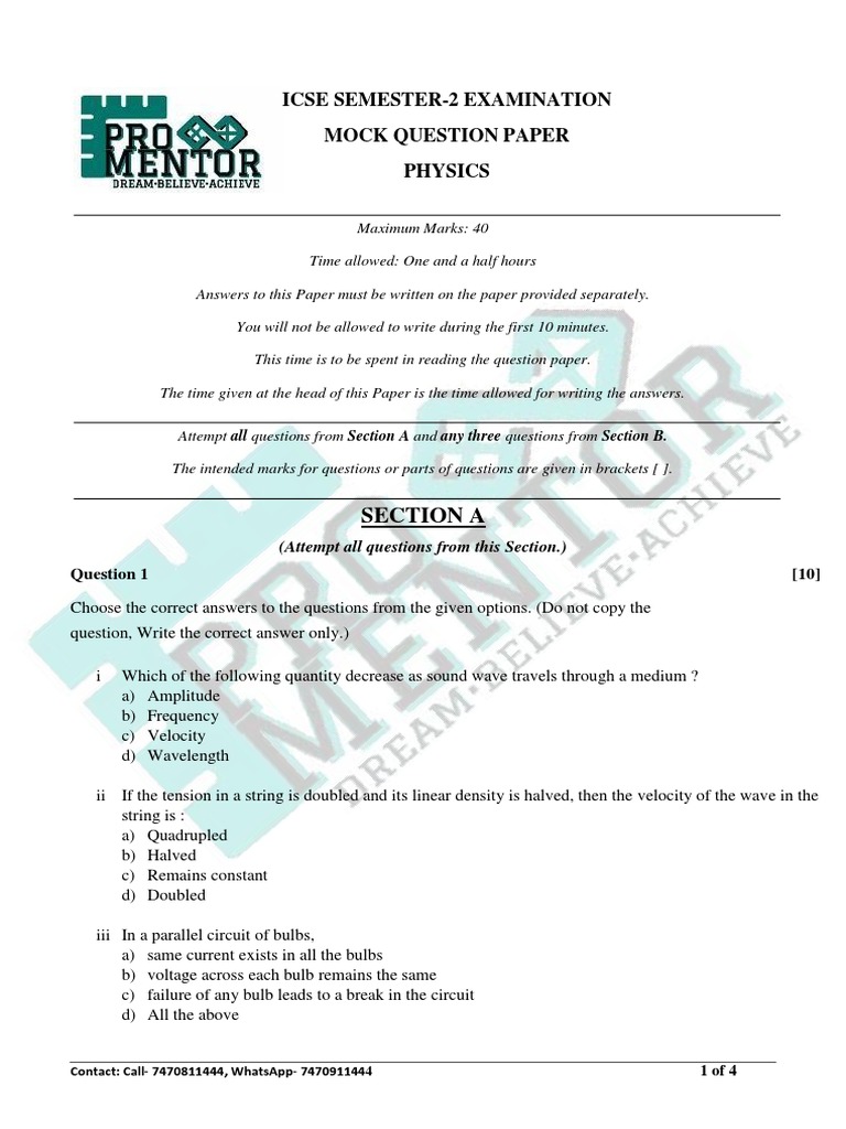 ICSE Physics Mock Exam Paper | PDF | Waves | Water Vapor