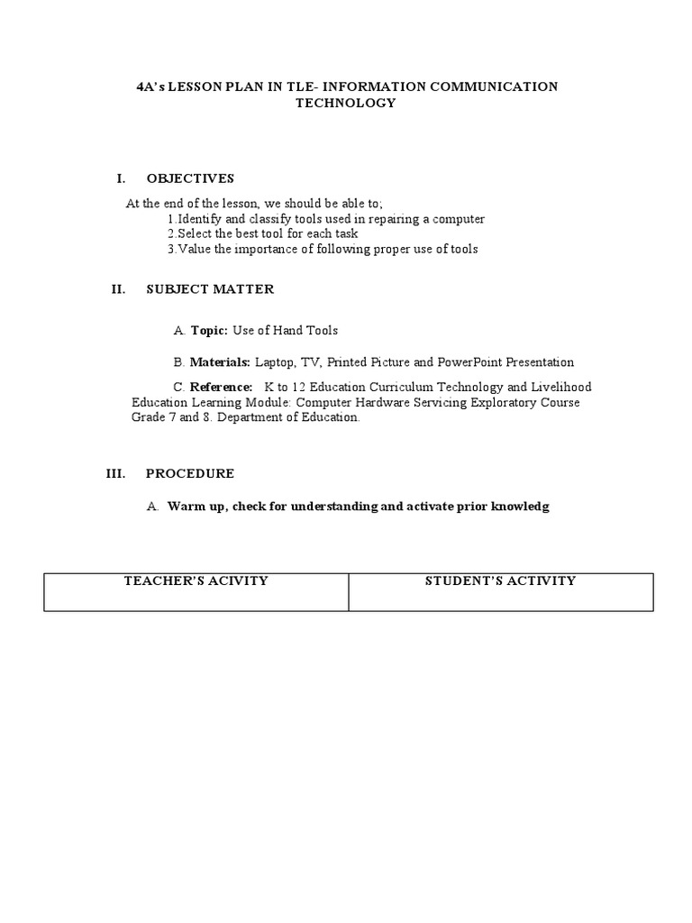 Hand Tools in ICT: Lesson Plan for Grade 7 | PDF | Manufactured Goods ...