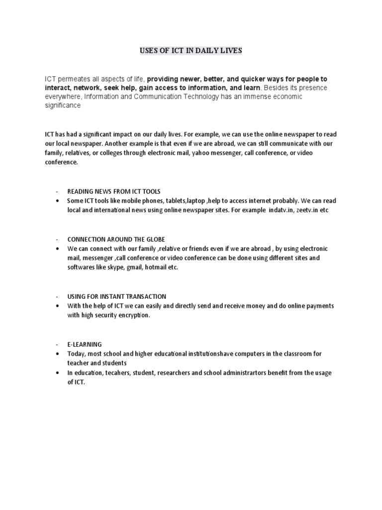 Uses of Ict in Daily Lives | PDF | Social Science | Technology ...