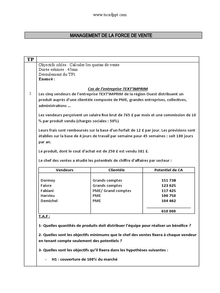Management de la Force de Vente TP | PDF | Sodles | Recrutement