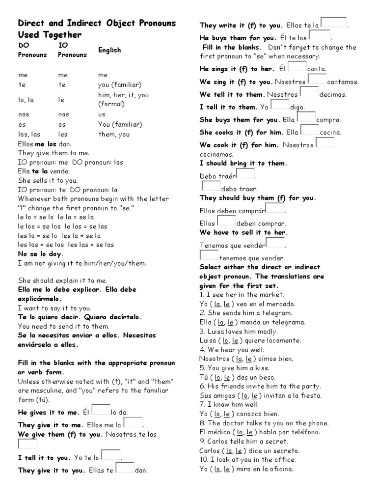 Direct and Indirect Object Pronouns Guide | PDF | Grammatical ...