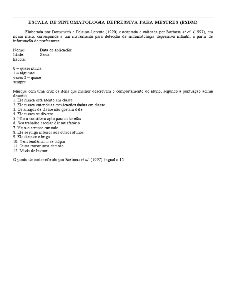 Escala de Sintomatologia Depressiva Infantil | PDF