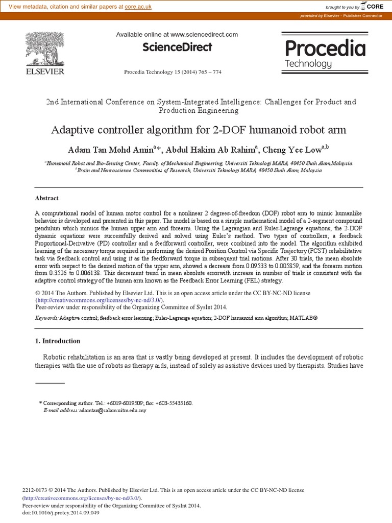 Adaptive Controller Algorithm For 2Dof Humanoid Robot Arm