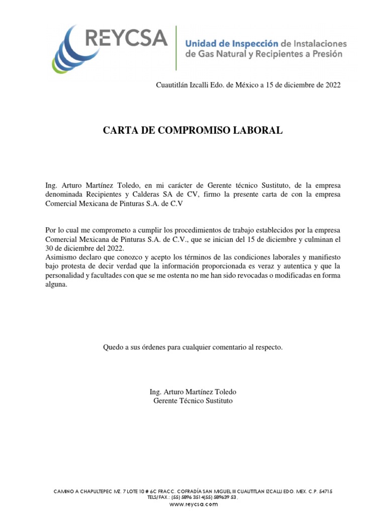 Carta de Compromiso Laboral 2022 | PDF | Finanzas y dinero | Negocios