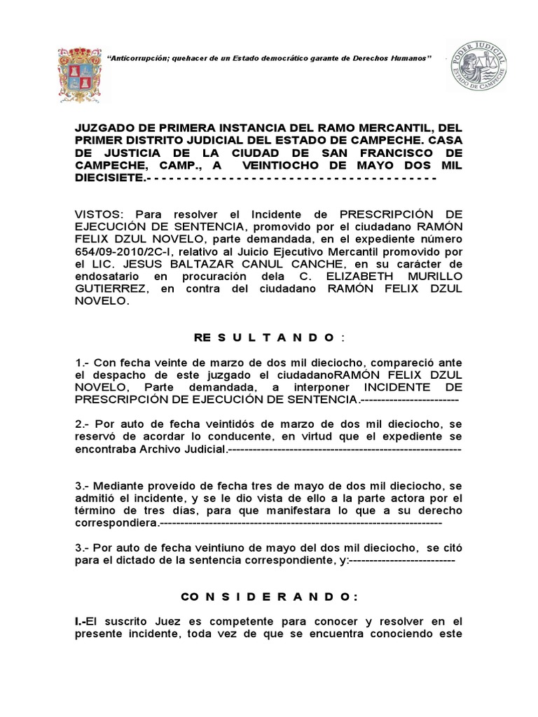 Sentencia Interlocutoria Prescripcion de Ejecucion de Sentencia 654-09