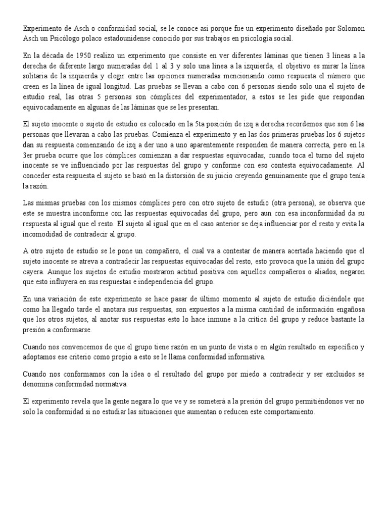 Experimento de Asch o Conformidad Social | PDF | Cognición | Psicología ...